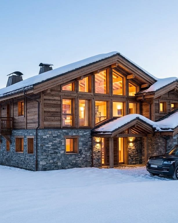 Chalet en bois et pierre sous la neige au crépuscule, fenêtres éclairées, sommets enneigés