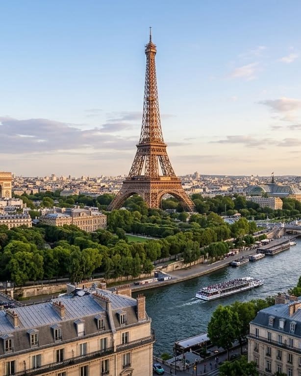 Paris vu des toits, la Seine, la tour Eiffel et le Sacré-Cœur en fin de journée