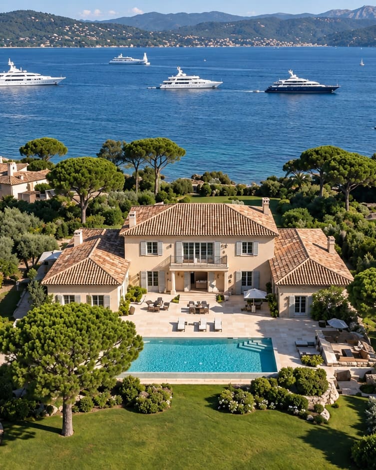 Vue aérienne d'une villa et de sa piscine sous les pins parasols, yachts au mouillage dans le golfe de Saint-Tropez