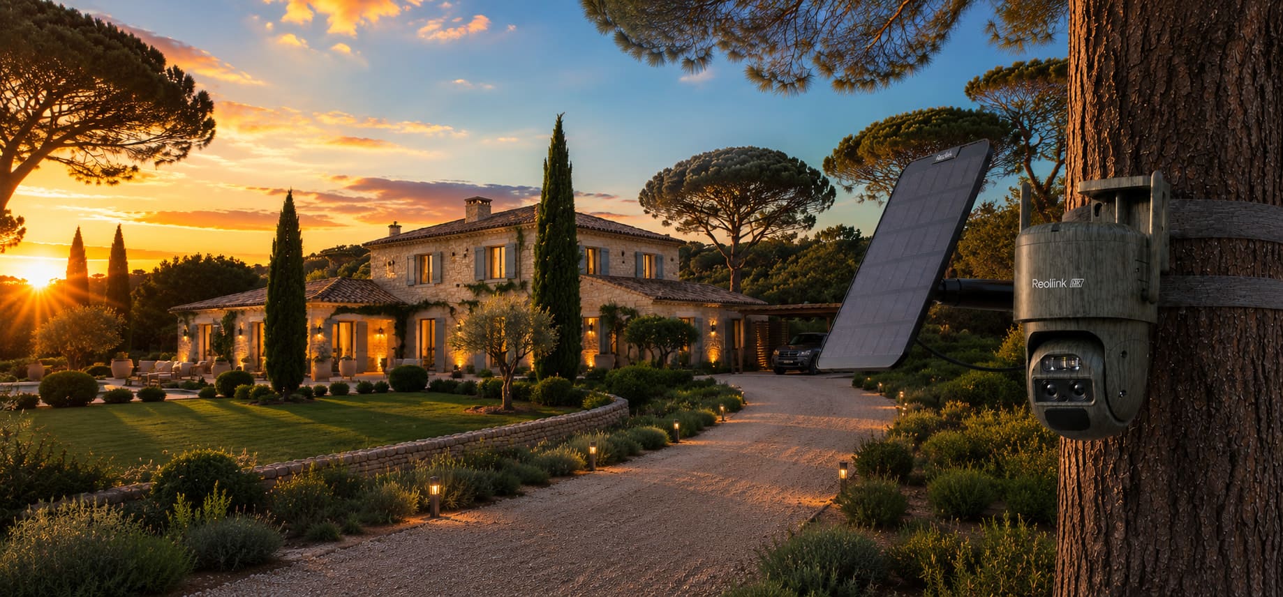 Caméra 4G/5G autonome et son panneau solaire fixés à un pin, devant une villa au crépuscule
