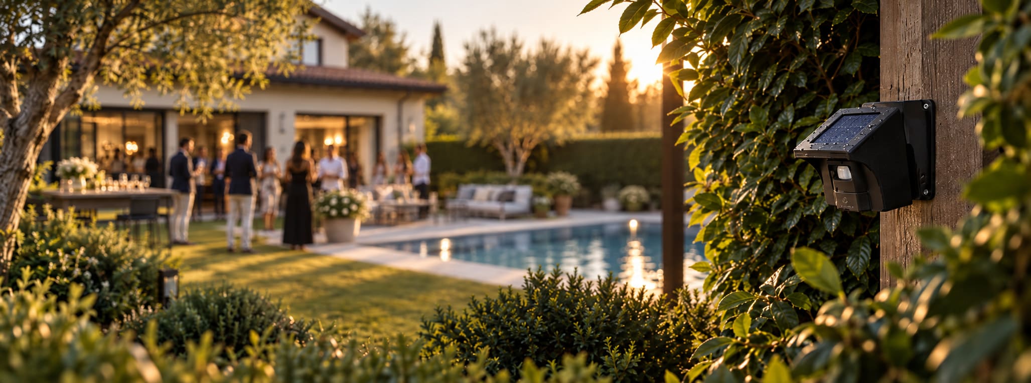 Borne de détection périmétrique laser à panneau solaire fixée en lisière d'un jardin, réception au bord de la piscine au couchant