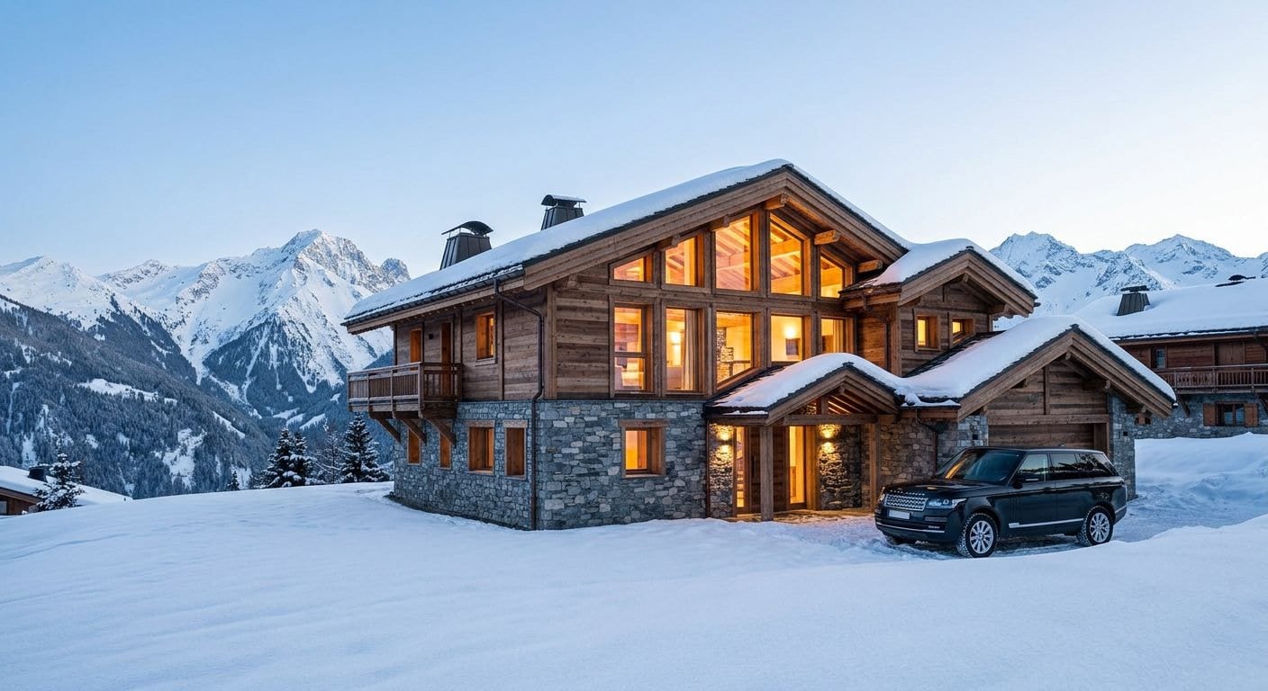 Chalet en bois et pierre sous la neige au crépuscule, fenêtres éclairées, sommets enneigés