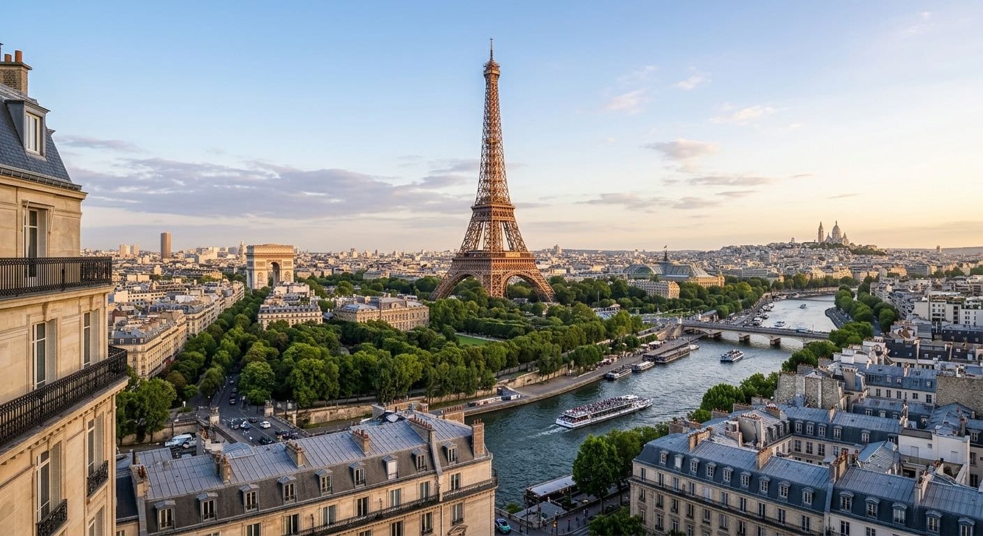 Paris vu des toits, la Seine, la tour Eiffel et le Sacré-Cœur en fin de journée