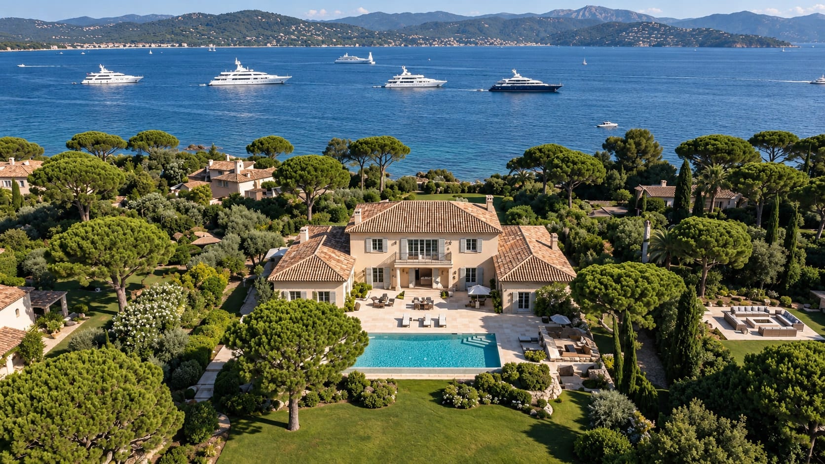 Vue aérienne d'une villa et de sa piscine sous les pins parasols, yachts au mouillage dans le golfe de Saint-Tropez