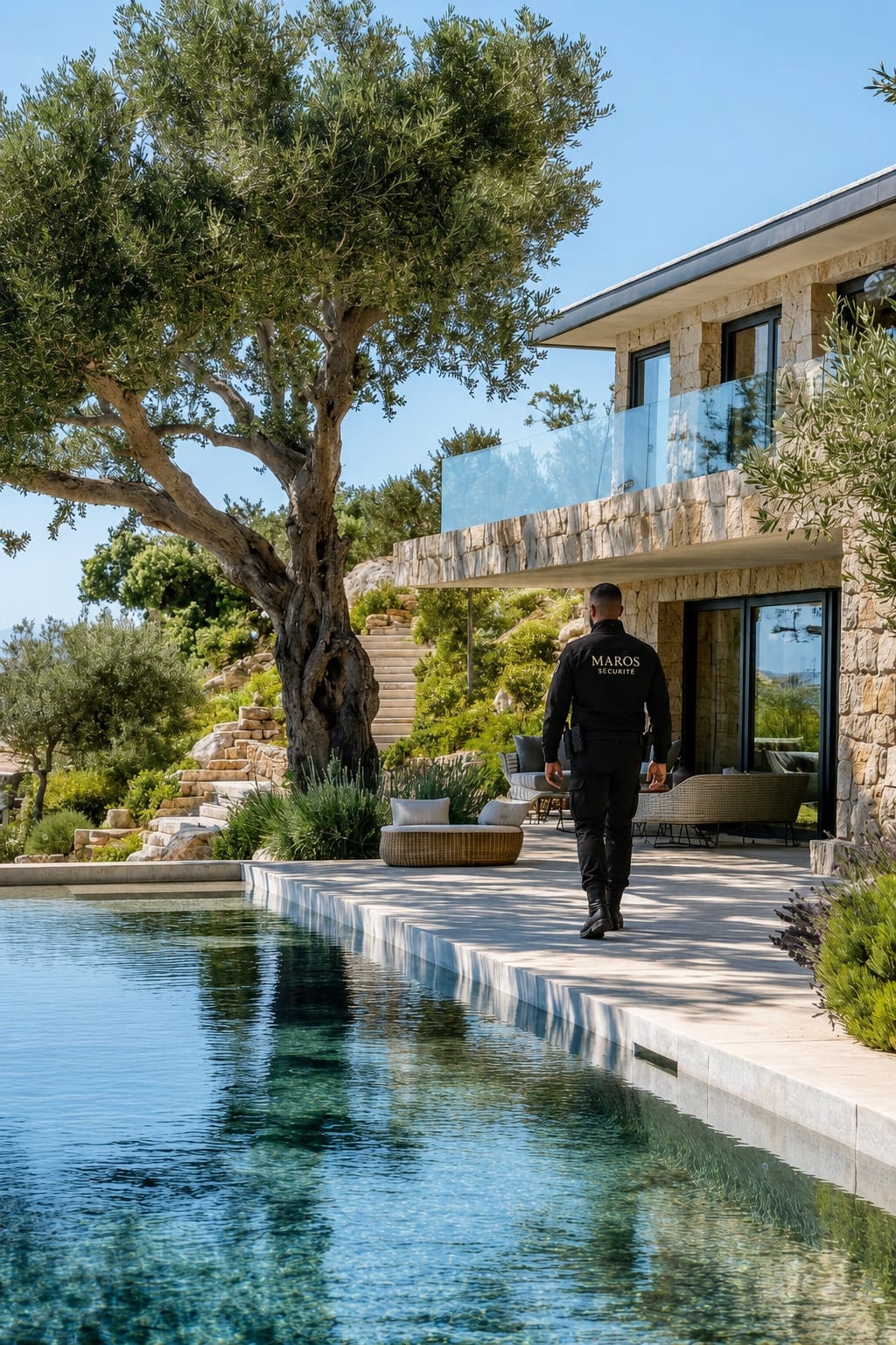 Agent MAROS Sécurité longeant la piscine d'une villa en pierre sous les oliviers