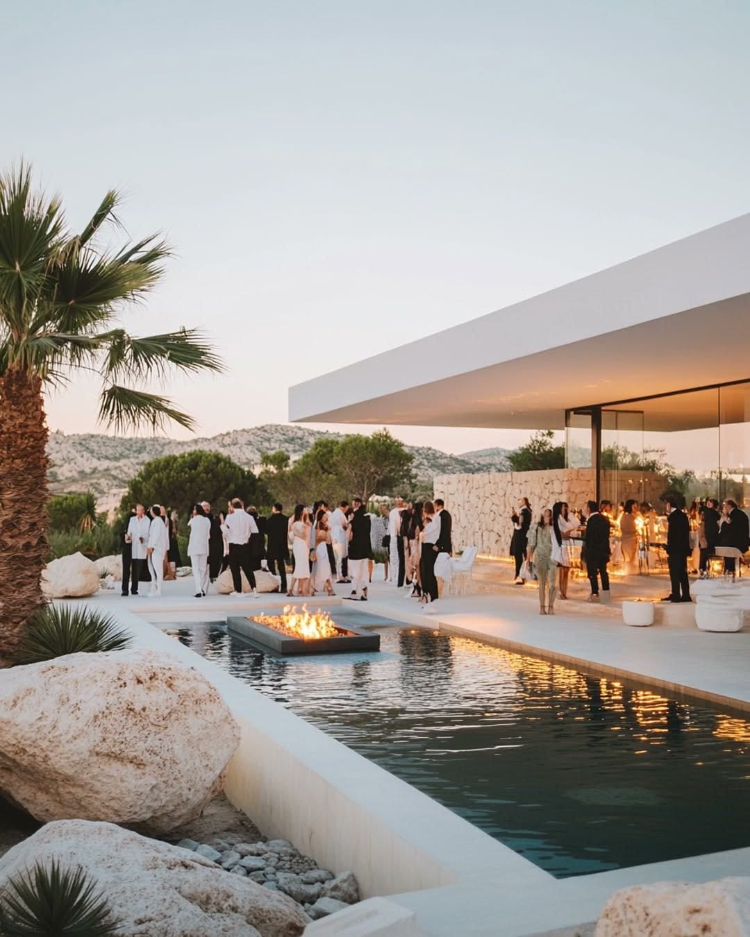 Réception au bord de la piscine d'une villa moderne au crépuscule, invités et braseros