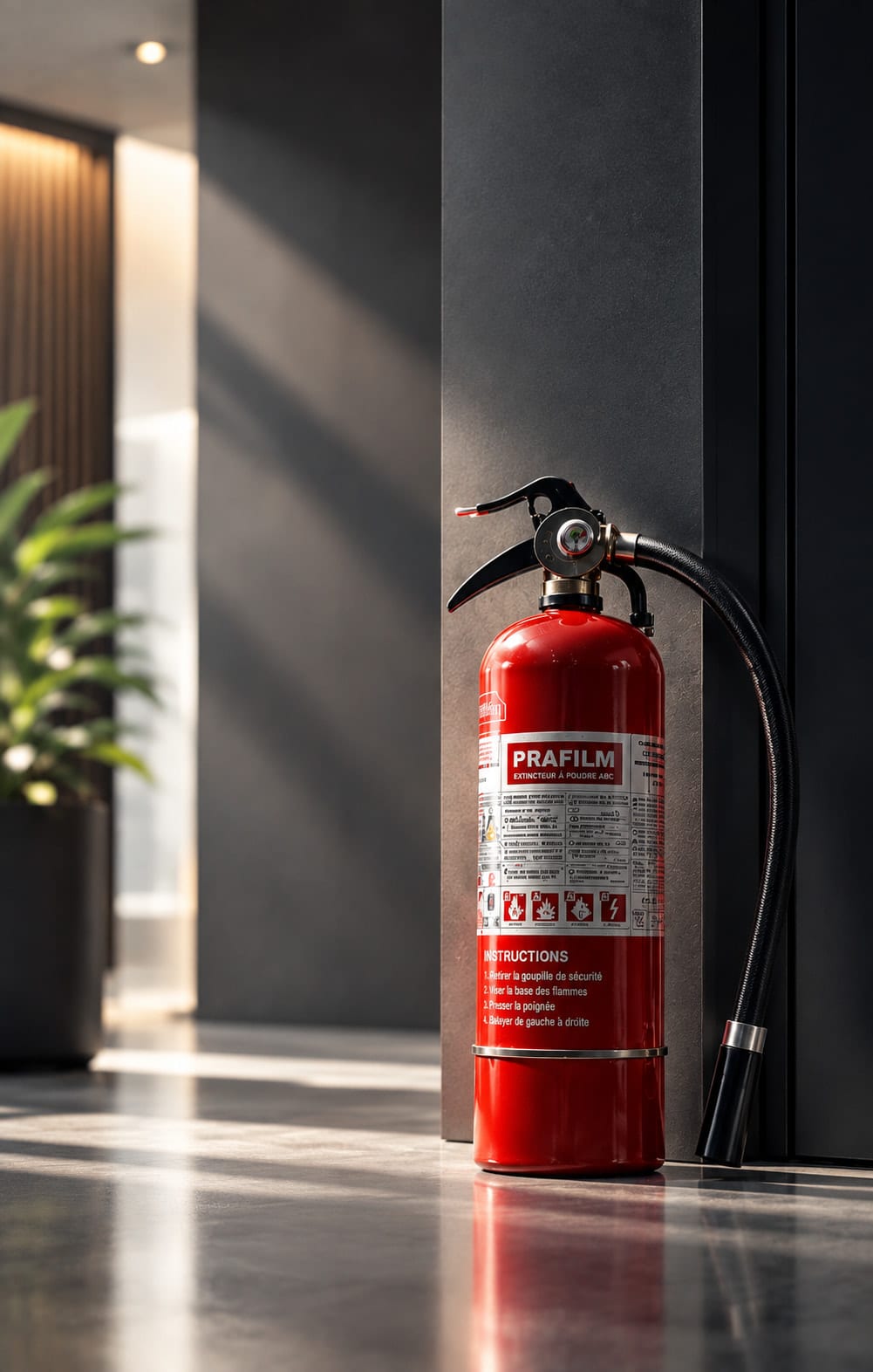 Extincteur rouge dans le couloir d'un intérieur contemporain